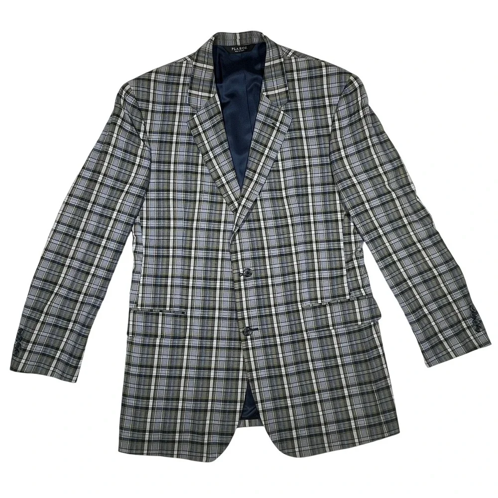 Jos A Bank 100% Cotton 2-Button Blazer Men 44L Grey Blue Plaid Sport Coat Jacket